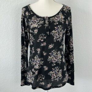 ModCloth Floral Waffle Knit Henley Long Sleeve Top